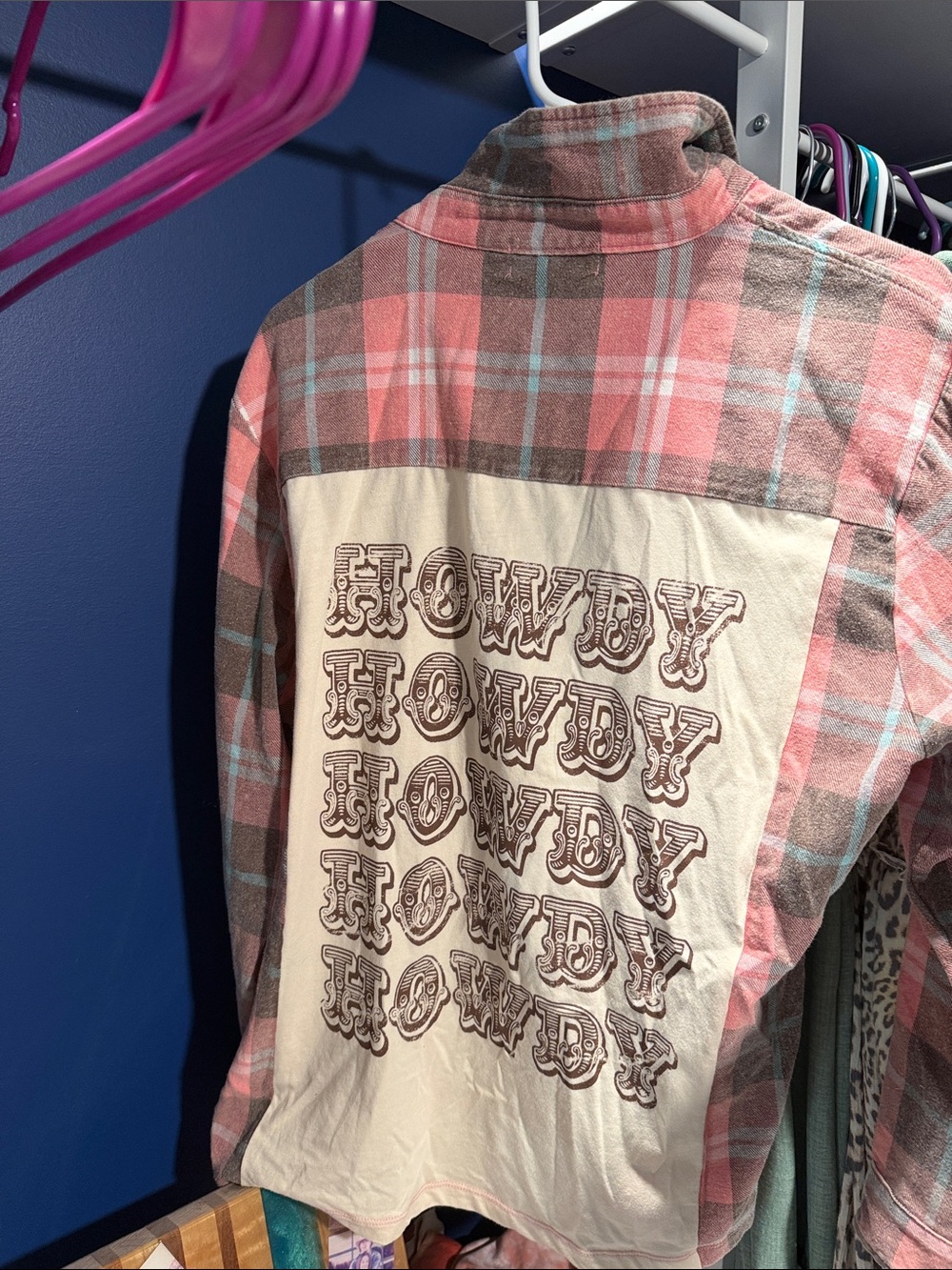 Altar'd State Pink Plaid Button-Down Shirt with Cream Back Print